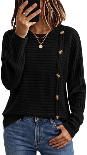 Solid black textured knit with neat decorative chest buttons and a long tunic hem that covers the hips cleanly.