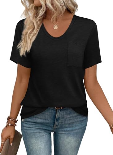 A deep black pocket tee cut loose through the waist with an open neckline that pairs easily with bright shorts or washed denim.