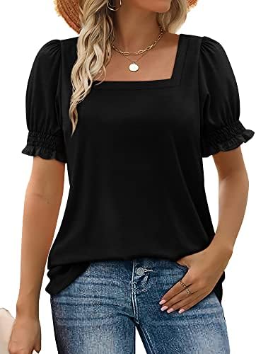 A solid black summer top with a clean square neckline and gathered ruffle sleeves that dress up denim shorts or trousers.