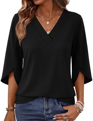 A solid black top with split three-quarter sleeves and a neat V-neck that dresses up or down easily.