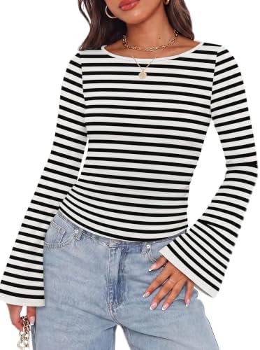 Crisp black and white stripes run across this ribbed knit top, finished with flared bell cuffs and gentle side gathering.