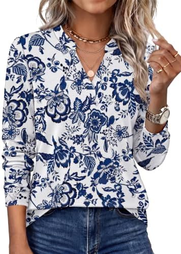 Painted in rich botanical tones, this boho blue floral long sleeve top pairs an open V-neck with smooth stretch knit.