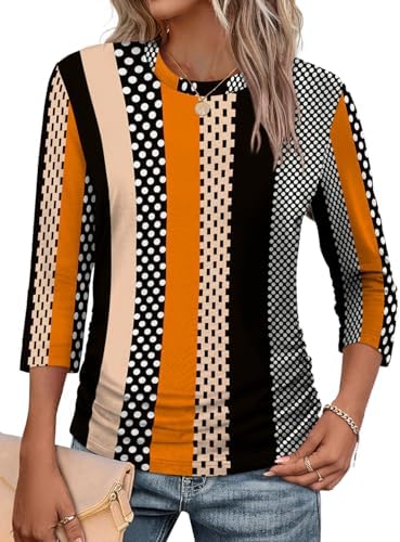 Gathered side seams and a lively floral stripe print give this lightweight three-quarter sleeve top an easy everyday drape.