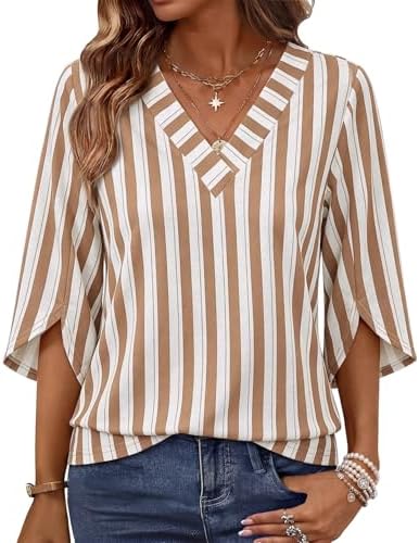 Crisp horizontal striping pairs with split three-quarter sleeves on this lightweight V-neck blouse for work days and weekends.