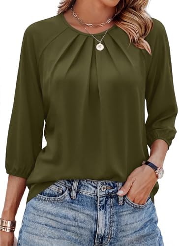 A soft round neckline and subtle front pleats give this army green tunic blouse an easy drape for warm office days.