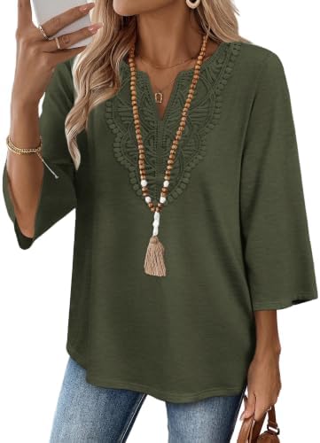 Lace detailing lines the deep V-neck of this army green tunic, cut with three-quarter sleeves and a curved hem.