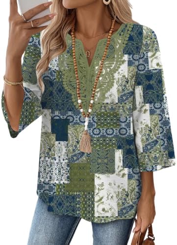 Detailed with a vibrant boho print and lace trim, this lightweight top pairs a neat V-neck with easy three-quarter sleeves.