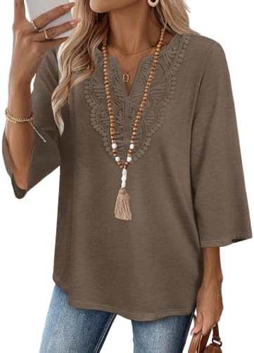 Deep coffee brown tones and textured front lace give this lightweight three-quarter sleeve top an easy transition between seasons.