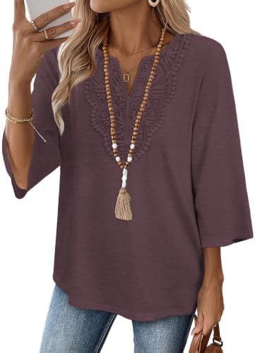 Lace paneling and a rich deep plum shade give this three-quarter sleeve top an easy transition into cooler evenings.