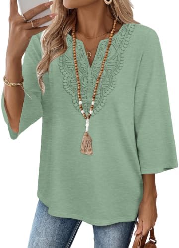 Lightweight mint green knit pairs with delicate front lace and practical three-quarter sleeves for warm workdays and cool nights.