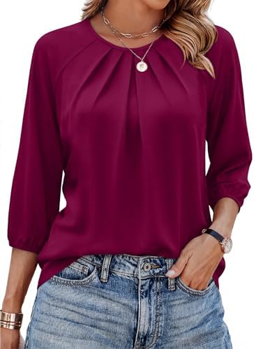Front pleats and three-quarter puff sleeves shape this purple red knit blouse for easy office dressing and casual dinners.
