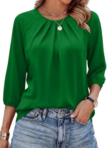 Three-quarter puff sleeves and front pleating give this green knit tunic an easy drape for desk days and cool evenings.
