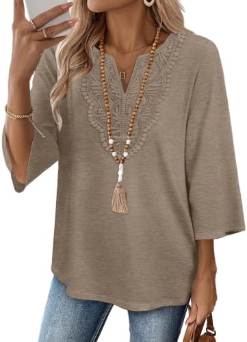 Soft khaki drape pairs with a delicate lace front panel and easy three-quarter sleeves for desk days and dinner outings.