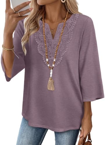 Taro purple softens this three-quarter sleeve blouse, blending a delicate lace front panel with an easy curved hemline.
