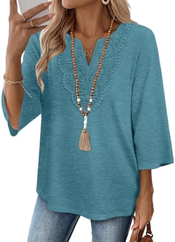 Lace detailing and a bright turquoise shade give this three-quarter sleeve top an airy finish for warm office days.