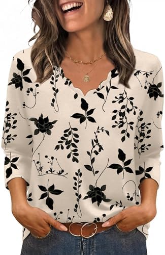 A softly scalloped neckline and warm apricot maple print give this three-quarter sleeve top an easy seasonal shift.