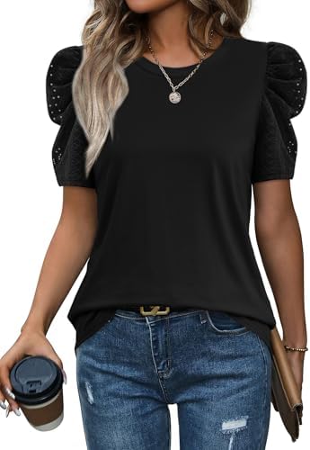 A deep black knit blouse finished with leg-of-mutton puff sleeves and a tidy round neckline for easy daily rotation.