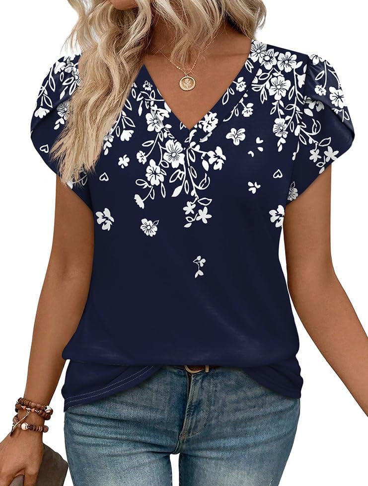 Soft knit comfort meets breezy style in this fresh floral print top, cut with overlapping petal sleeves and an open V-neck.