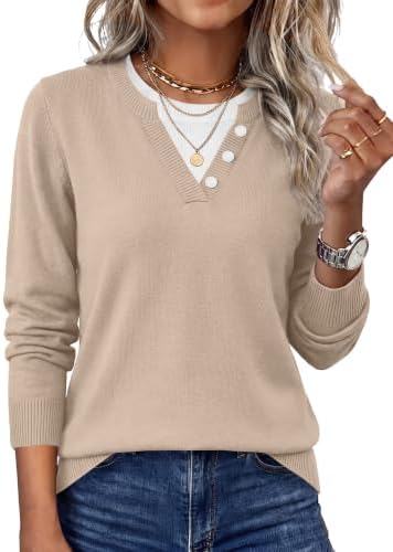 A contrast collar and subtle striped panels give this soft beige knit top a tidy layered look without adding any bulk.