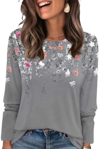 Soft ribbed trim frames the crewneck of this long sleeve floral grey top, cut in a stretchy knit that keeps its shape.