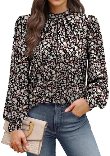 Delicate front pleats and a structured mock neck give this floral print long sleeve top an easy, polished drape.