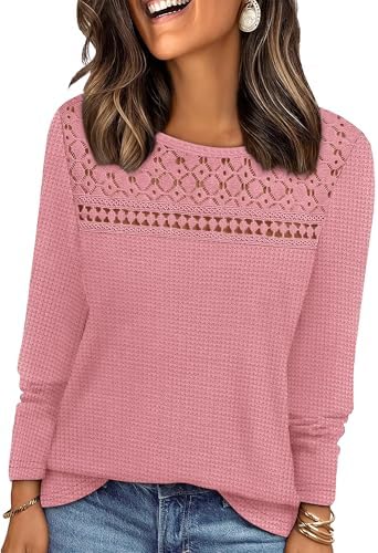 Delicate crochet lace bands sit across the chest of this soft pink long sleeve top, adding texture to an easy, flowy cut.