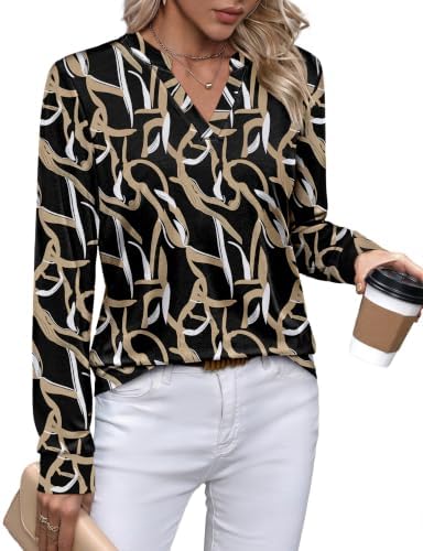 Fine metallic-toned ribbons run across a deep black ground on this soft, stretch-knit long sleeve top with an open V-neck.