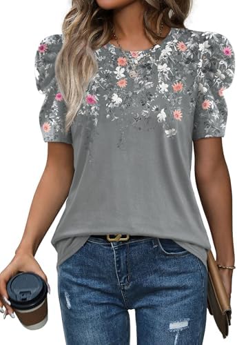 Soft botanical blooms over a cool grey base give this puff sleeve crewneck an understated look that pairs easily with dark trousers.