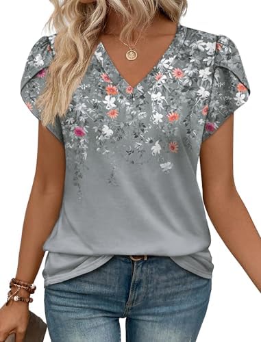 Soft grey botanical blooms soften the clean lines of this stretchy V-neck blouse with layered petal sleeves.