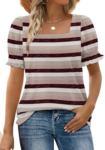 Crisp purple stripes and gathered puff sleeves bring a neat, cheerful look to this square-neck summer blouse.
