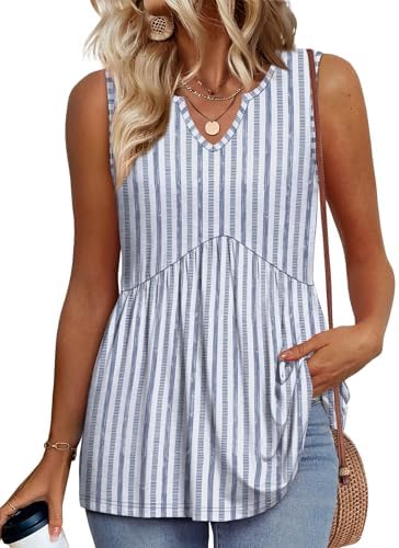 Vertical blue stripes elongate this breezy babydoll tank, cut wide through the body with a flattering V-neckline for sunny days.