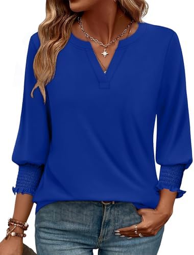 A vivid royal blue blouse with three-quarter sleeves and a neat V-neckline cut in a soft, breathable summer knit.