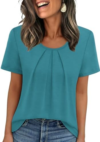 Gathered pleats fall from a classic scoop neck in cool blue knit, cut loose through the body for easy summer wear.