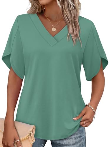 Split petal sleeves and a crisp V-neckline define this light green top, cut in a soft knit that keeps you cool all afternoon.