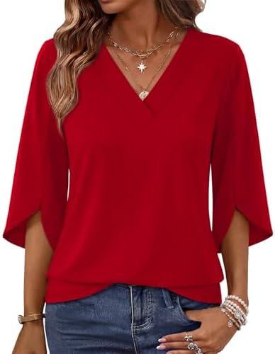 Cut with split three-quarter sleeves and a neat V-neck, this lightweight red blouse keeps you comfortable through warm workdays.