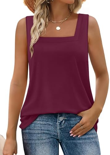 A deep purple tank cut with a square neck and a curved hem that sits easily over denim shorts or dark skirts.