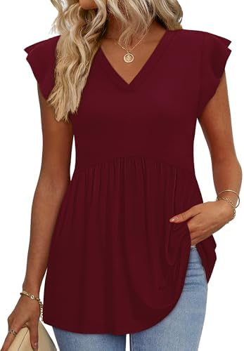 Fluttering ruffle sleeves meet a rich winered tone in this relaxed babydoll top cut with an easy drape for warm afternoons.