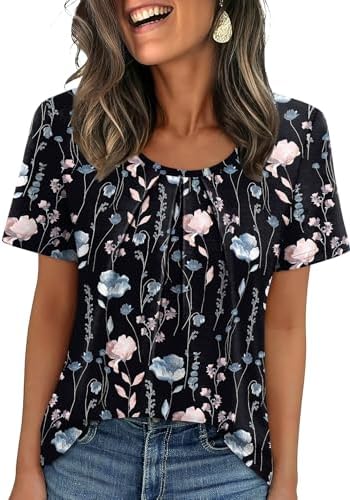 Pleated detailing below a gentle scoop neck brings extra drape to this breezy short-sleeve top in a soft floral print.