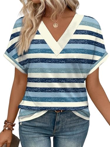 Cool blue stripes and cuffed sleeves give this loose summer tee a fresh, crisp look for sunny days.