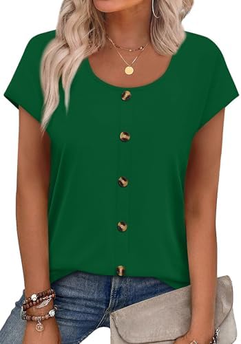A rich green summer tee cut with a clean U-neckline and stitched front buttons that stay perfectly flat all day.