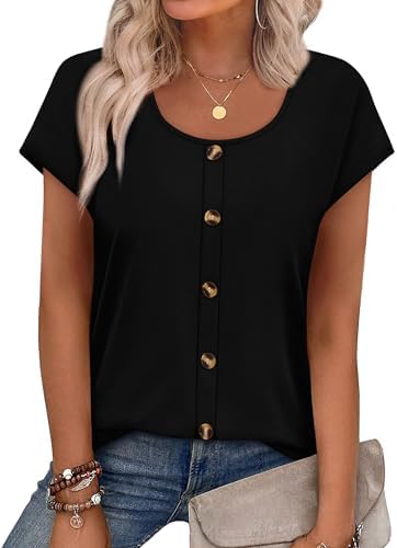 Clean all-black knit cut with cap sleeves and neat front buttons that stay closed without gaping.