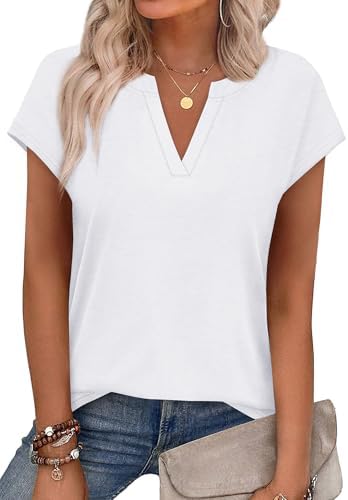 A crisp white summer top cut with a clean notched neckline and easy cap sleeves for warm afternoons and office layers.