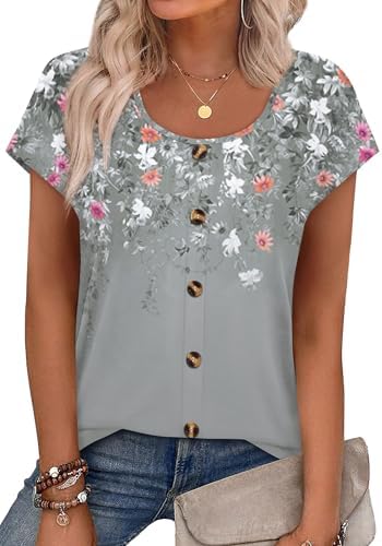 Crisp leaf print covers this breezy top, finished with a neat U-neck and stitched front buttons that stay closed.