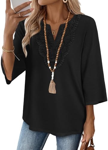 A detailed lace front panel softens the V-neckline on this flowy, three-quarter sleeve top cut in a stretchy knit.