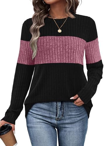 Crisp purple color blocking across the chest gives this lightweight knit long sleeve top a clean, structured appearance.