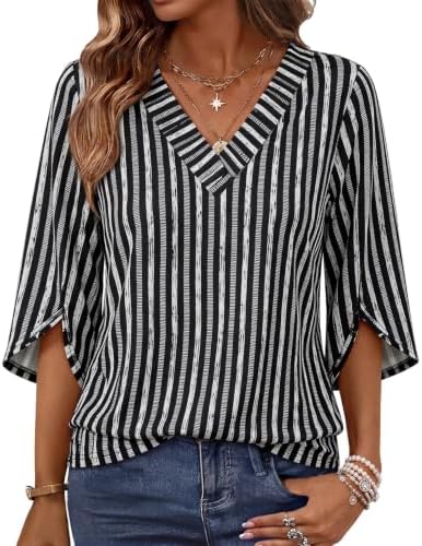 Crisp dark striping runs across a soft V-neck blouse, finished with breezy split sleeves for warm afternoons and cool mornings.