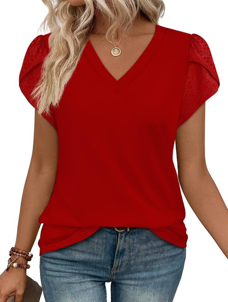 Petal sleeves with lace trim frame this bold red blouse, sewn in our soft stretch knit with a neat V-neck.
