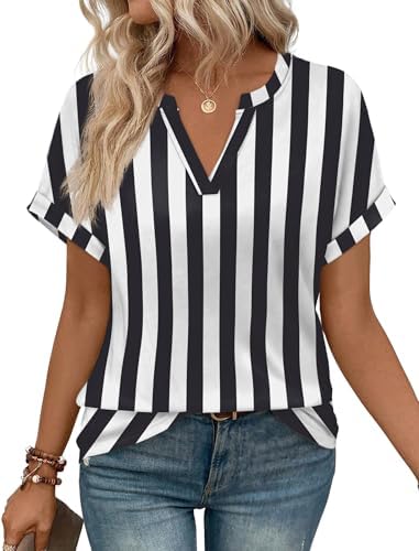 Crisp black and white stripes give this loose v-neck tee a clean look that works with denim cutoffs or dark trousers.
