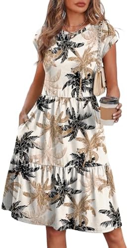 A muted khaki palm print covers this airy tiered sundress, finished with neat cap sleeves and deep side pockets.