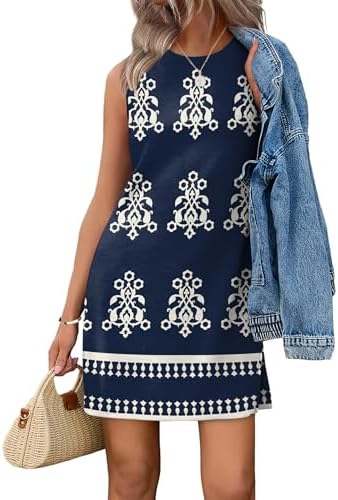 A crisp floral print against deep navy blue gives this swingy jersey dress a polished look for travel and warm afternoons.